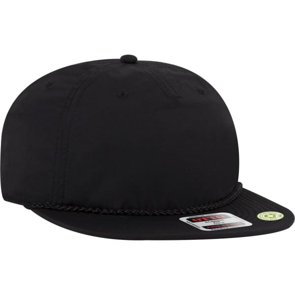 A black 5 panel pro style baseball cap with a flat brim and a chain detail. It features a branded logo.