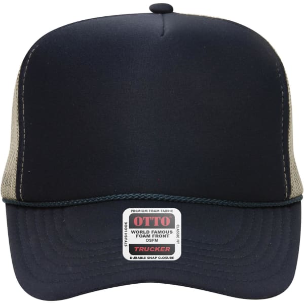 A navy blue and grey 5 panel high crown trucker cap with a foam front and snap closure at the back.