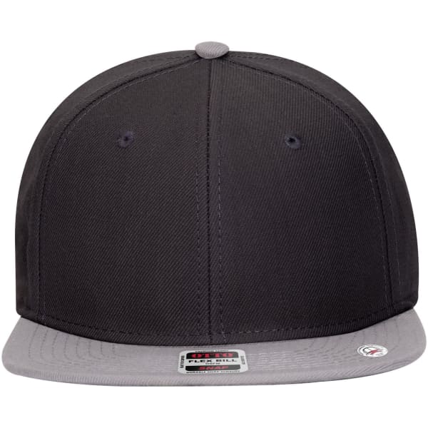 A 6 panel mid-profile snapback cap featuring a black crown and a grey undervisor. It has a logo on the front.