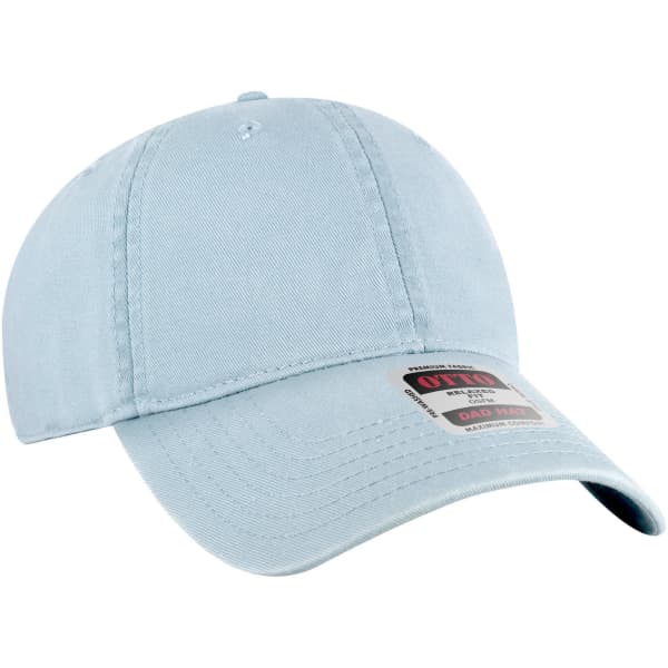 A light blue 6 panel low profile dad cap with an adjustable strap and a logo or branding detail.
