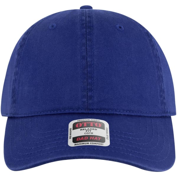 A navy blue six-panel low profile dad cap with a logo on the front.