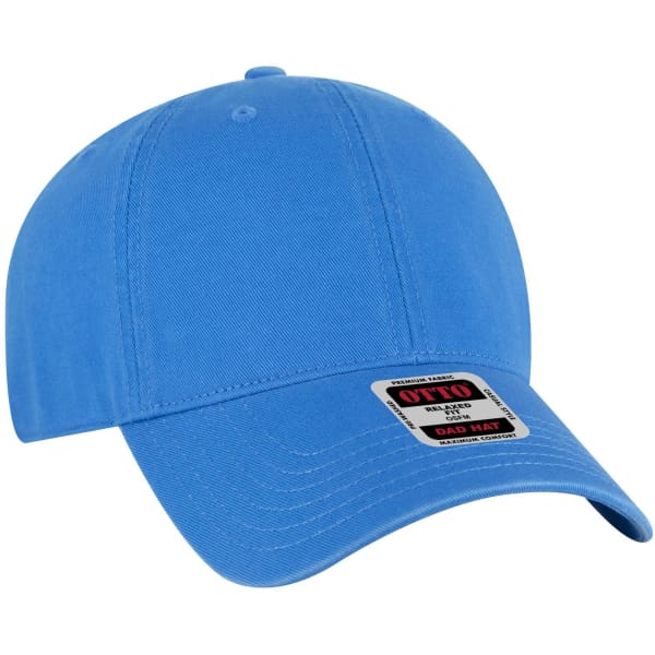 A blue 6 panel low profile dad cap with a logo on the front.
