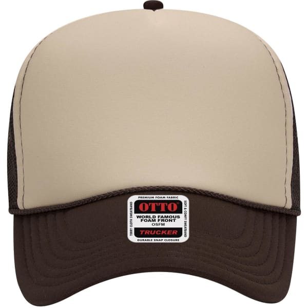 A 5 Panel Mid Profile Trucker Cap featuring a beige front and brown mesh back, complete with a logo label.