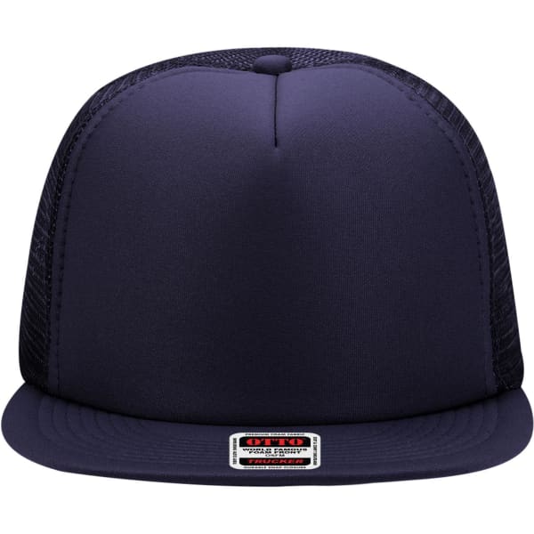 A high crown trucker cap in dark navy with a mesh back and a branded label on the front.