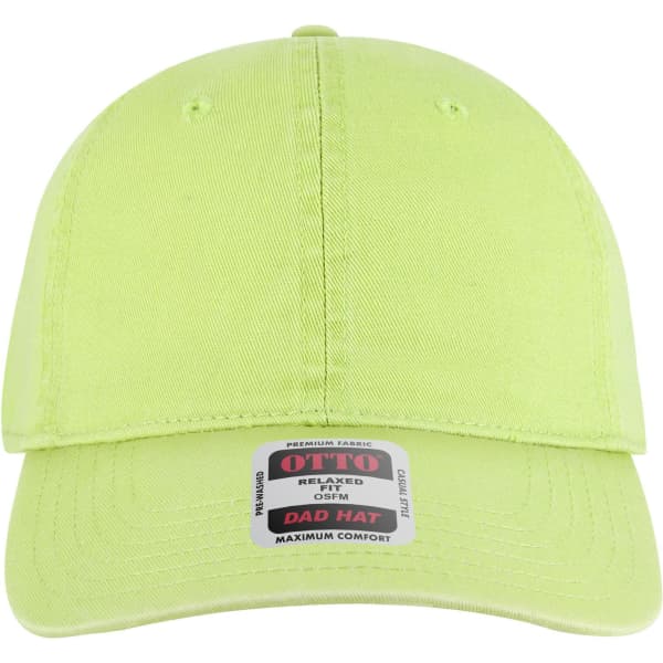 A bright neon yellow 6-panel low profile dad cap with a logo and a structured brim.