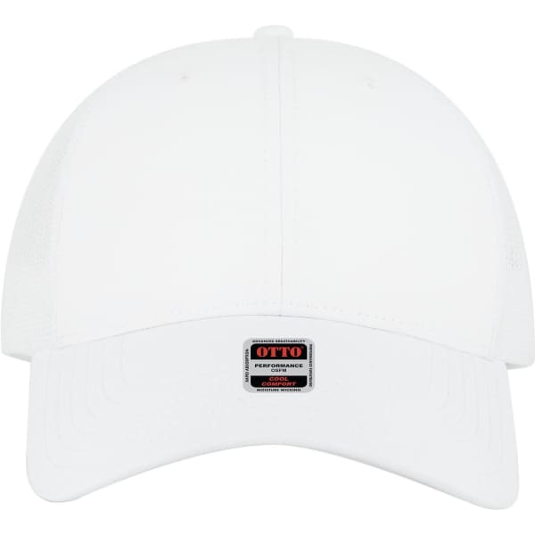 A white low profile trucker cap featuring a logo on the front. The design is simple and sleek.