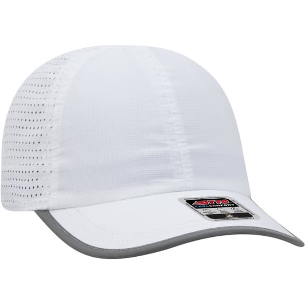 A reflective white six-panel running cap with mesh panels and a grey visor, featuring a logo on the front.