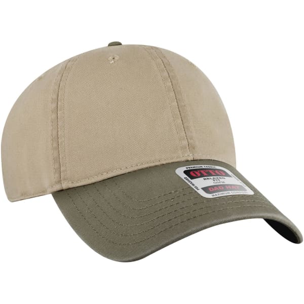 A beige and olive green 6 panel low profile dad cap with a logo on the front.