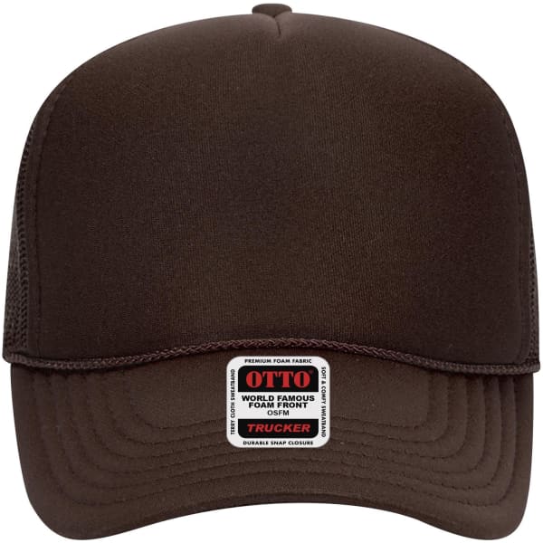 A brown 5 panel mid profile trucker cap featuring a foam front and mesh back, with a logo label on the front.