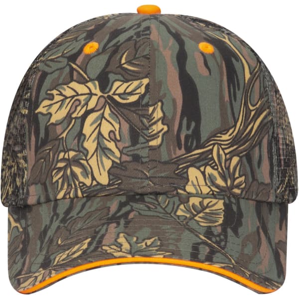 A camo-patterned low profile trucker cap in greens and browns with an orange accent, featuring a logo.