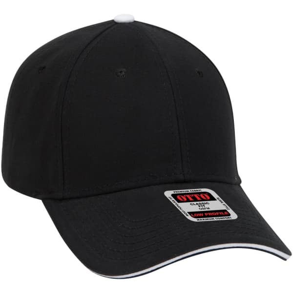 A black six-panel low profile baseball cap with a white accent and a logo on the front.