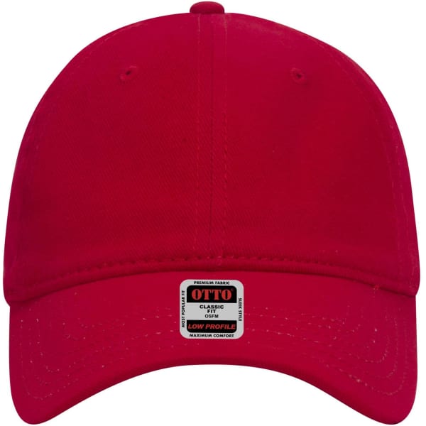 A red six-panel low profile baseball dad cap with a logo on the front.