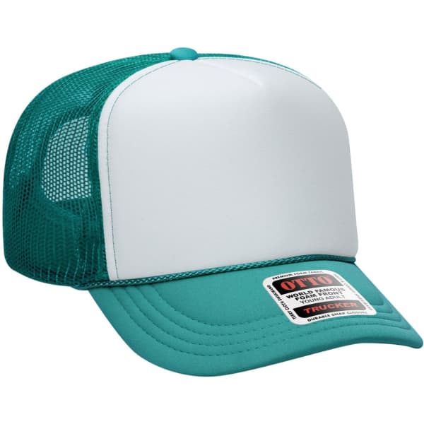 A teal and white 5 panel high crown trucker cap with a mesh back and front panel. It features a logo.