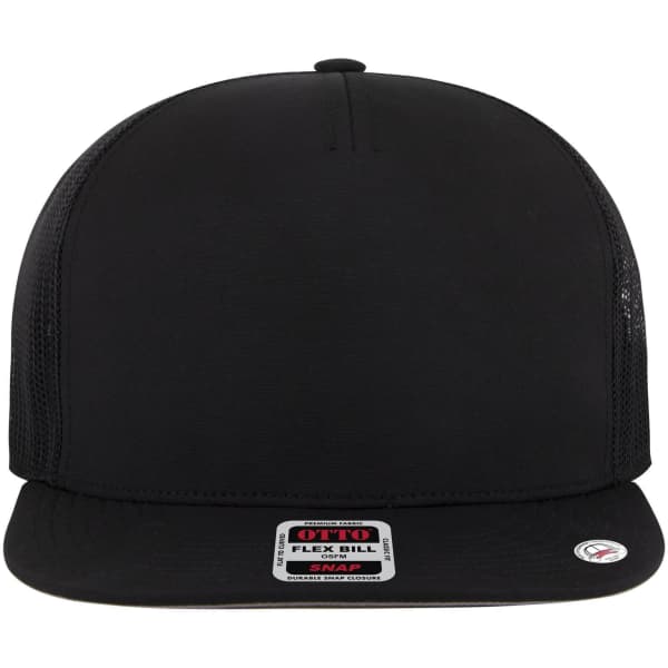 A black 5 Panel Pro Style Trucker Cap featuring a flat brim and mesh side panels, with a logo on the front.