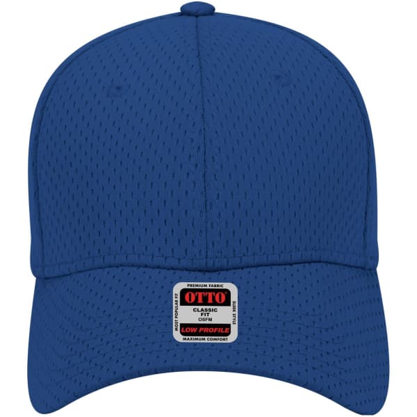 A blue 6 panel low profile baseball cap with a logo on the front. The cap features a breathable mesh design.