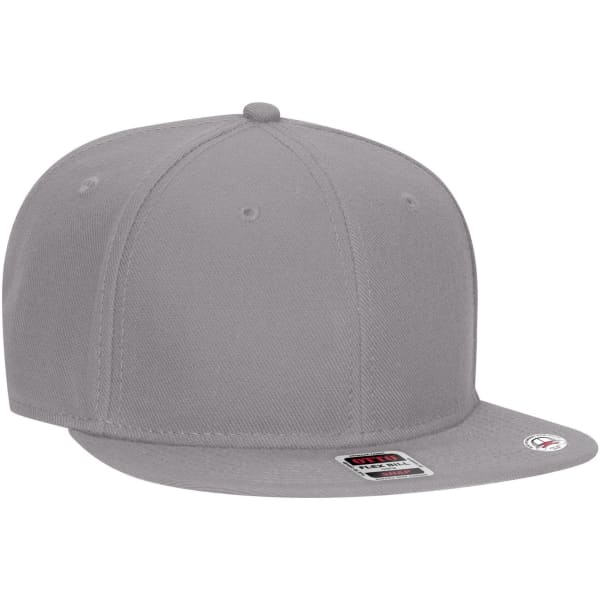 A grey mid-profile snapback cap with a flat brim and a logo. The underside of the brim is grey.
