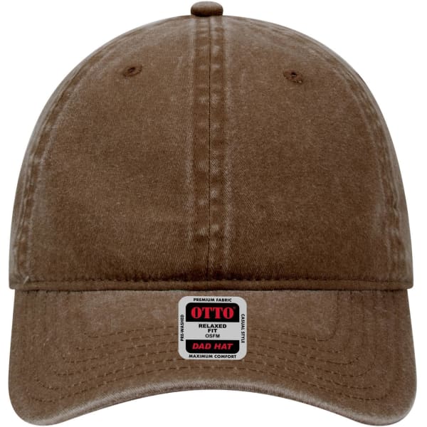 A brown 6 panel low profile dad cap with a curved brim and a logo on the front.
