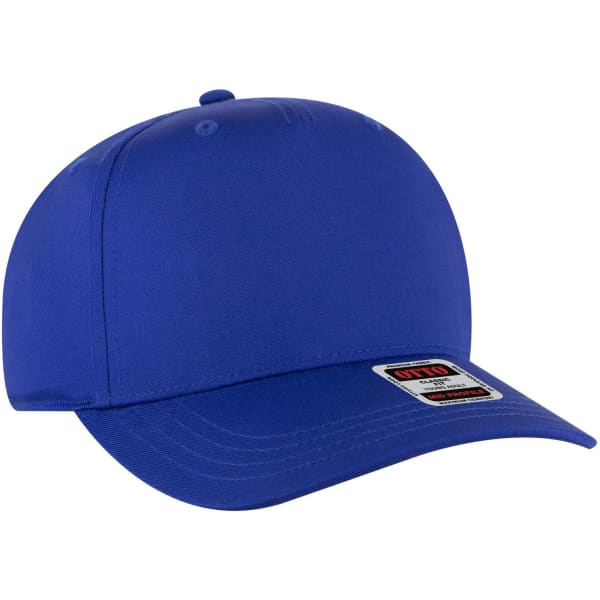 A blue 5 panel mid crown baseball cap with a curved brim and a logo patch on the side.