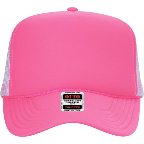 A pink 5 panel high crown trucker cap with a mesh back and a logo tag at the front.