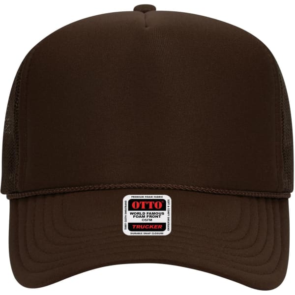 A brown 5 Panel High Crown Trucker Cap with a mesh back and a logo label on the front.