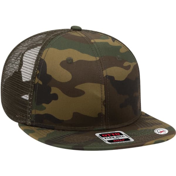 A camouflage 6-panel mid-profile trucker cap with a mesh back and a logo on the side.