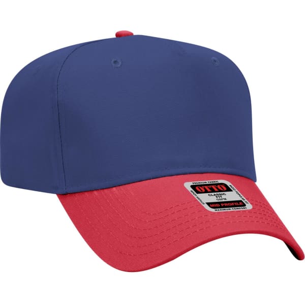 A 5 panel mid crown baseball cap featuring a navy blue top and red visor, with a branding logo on the front.
