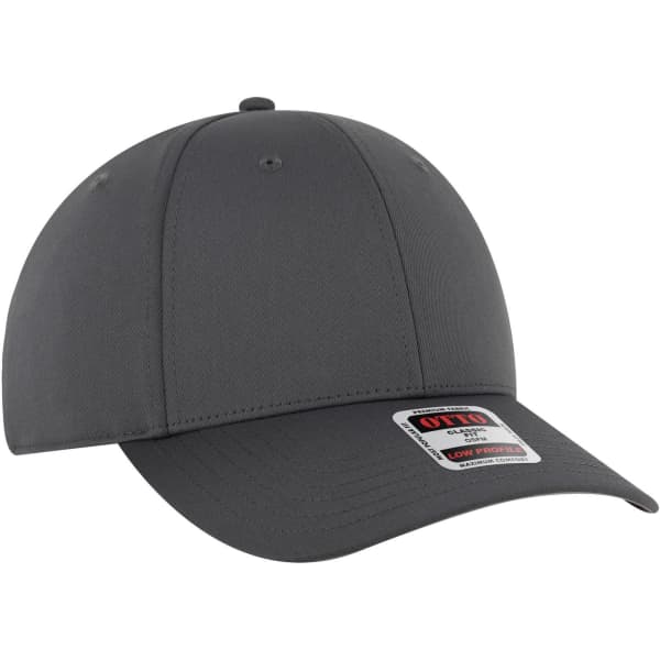 A grey 6-panel low profile baseball cap with a curved brim and an adjustable strap on the back. It features a logo.