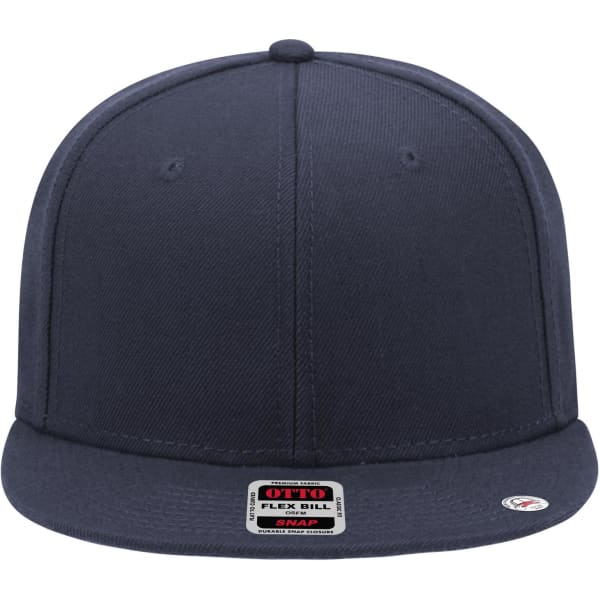 A navy blue 6 Panel Mid Profile Snapback Cap with a solid design and a branding label on the front.