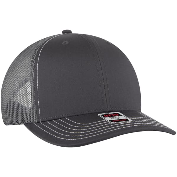 A grey six-panel mid-profile trucker cap with a mesh back and a logo. Features contrasting stitching.