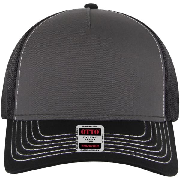 A grey 5 panel low profile trucker cap with contrasting stitching and a branded label on the front.