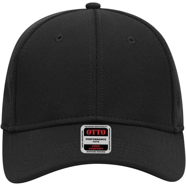 A black 6 panel low profile baseball cap with a rectangular label on the front.