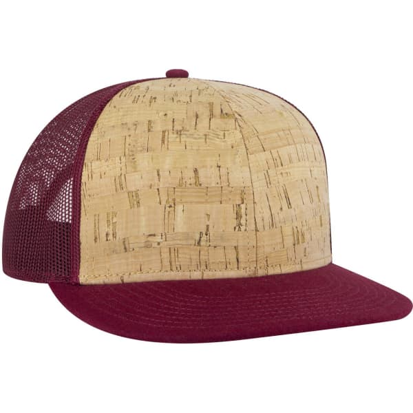 A cork-patterned trucker cap with a maroon brim and mesh back, featuring a logo on the side.