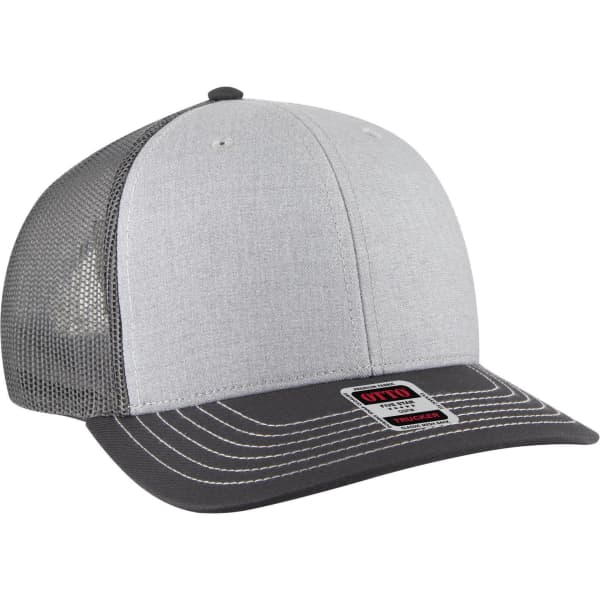 A grey and charcoal six-panel mid-profile trucker cap with a mesh back and a logo on the front.