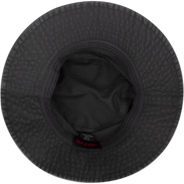A black bucket hat with a textured pattern, featuring an inner lining and a logo.