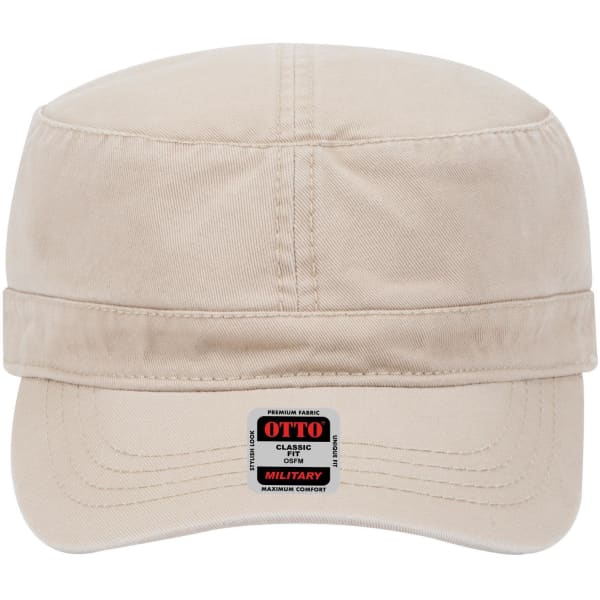 A military-style hat in a beige colour with a branded label on the front.