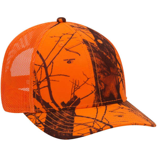 A low profile baseball cap featuring orange camo patterns with a mesh back and a logo.