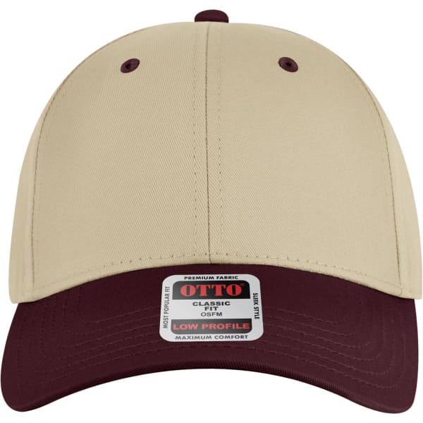 A low-profile baseball cap featuring a beige top and maroon brim, with a logo on the front.
