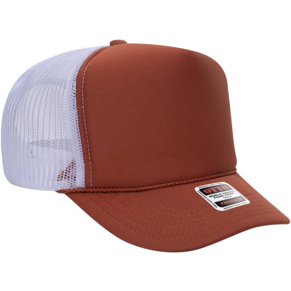 A 5 panel high crown trucker cap in burnt orange with a white mesh back and a logo on the front.