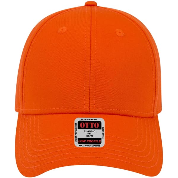 An orange 6 panel low profile baseball cap with a branded label on the front.