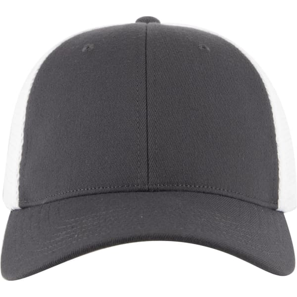 A grey and white six-panel low profile trucker cap with a structured front and a logo on the front.