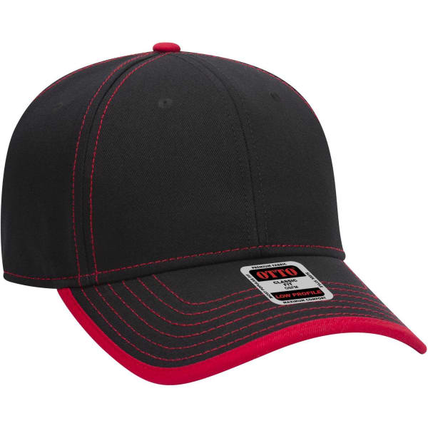 A black and red 6-panel low profile baseball cap with contrasting stitching and a branded tag.