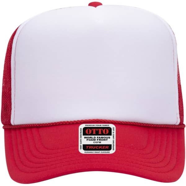 A red and white 5 panel high crown trucker cap with a mesh back and a logo label on the front.