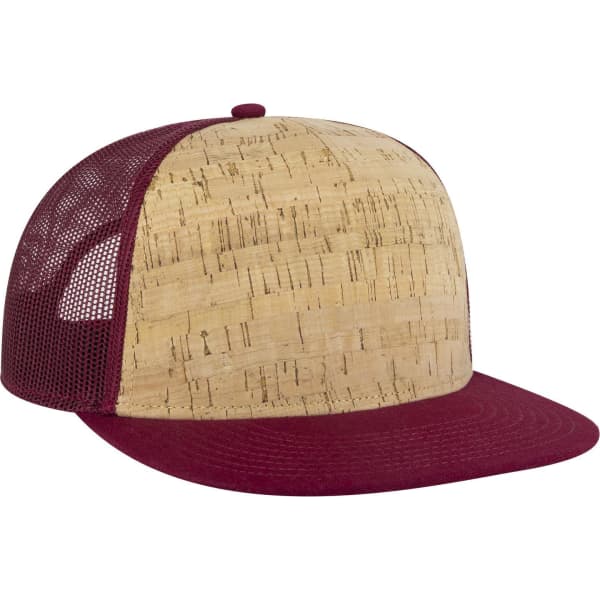 A maroon and cork 5 Panel Pro Style Trucker Cap with mesh sides and a curved peak, featuring a logo.