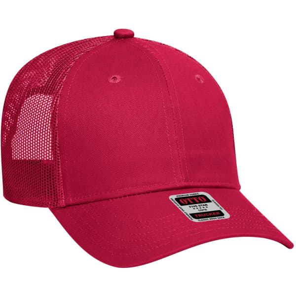 A red 6 panel low profile trucker cap with mesh sides and an adjustable strap at the back.