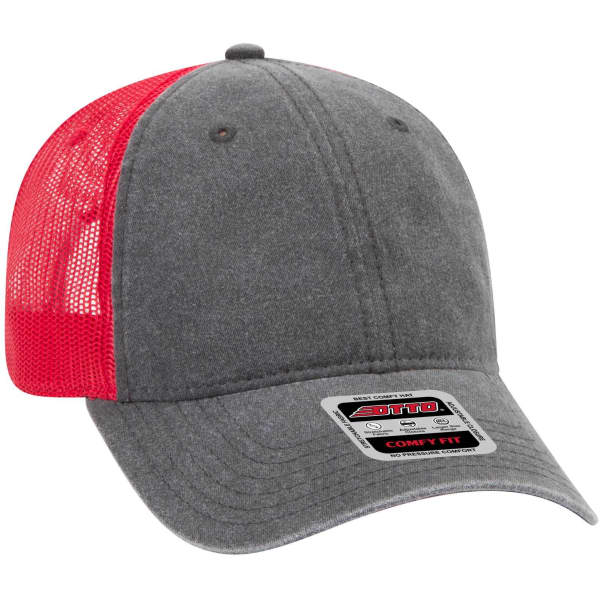 A grey trucker cap with a red mesh back and subtle branding on the front.