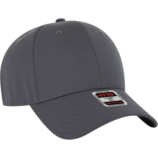 A grey 6 panel low profile baseball cap with a logo on the front.