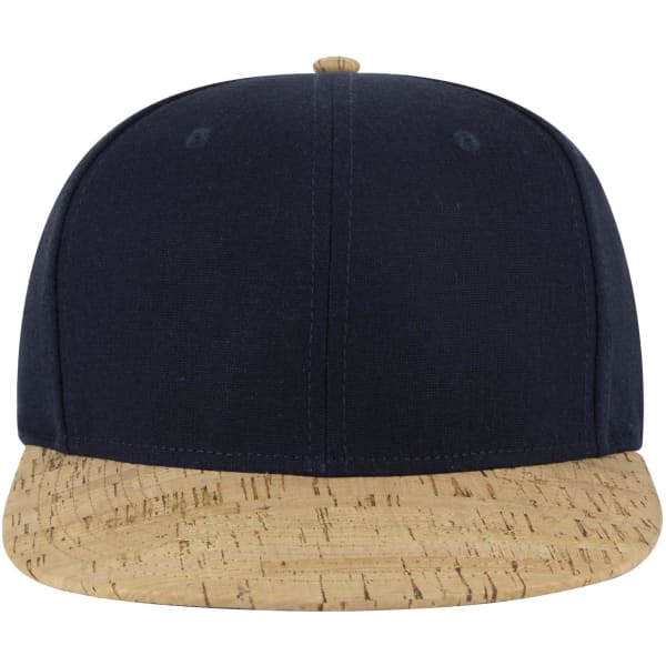 A black and cork snapback cap featuring a mid-profile design and a logo on the front.