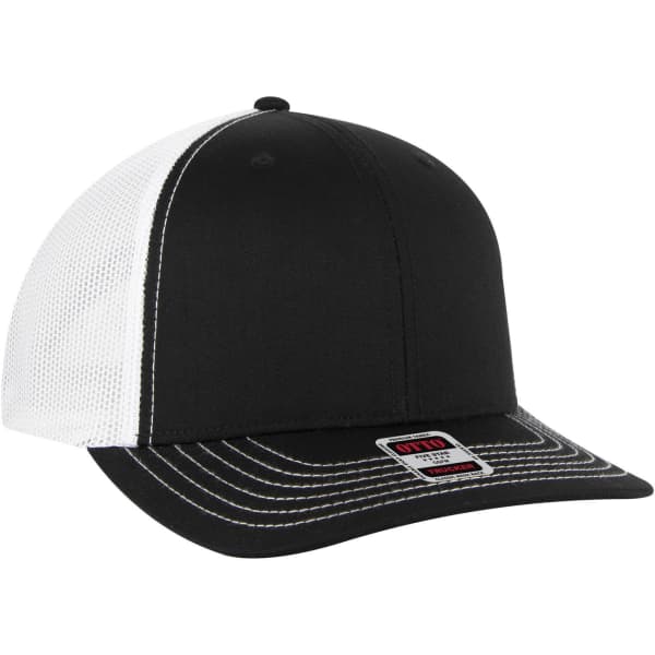 A black and white 6 panel mid profile trucker cap with a mesh back and a branding label on the side.