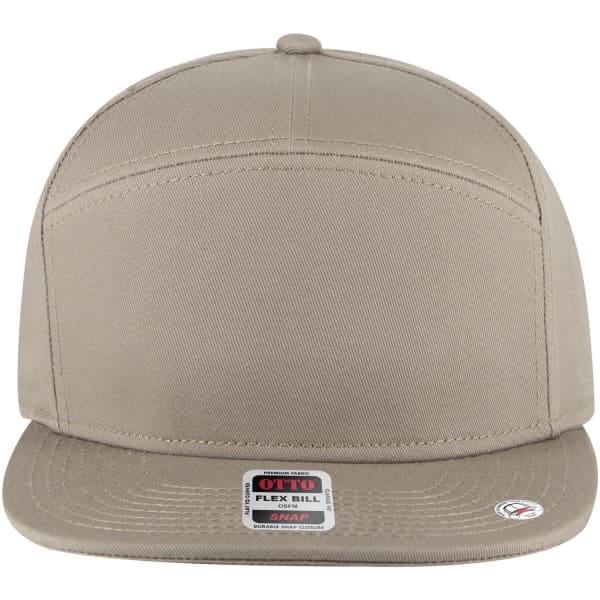 A beige 7 panel mid profile snapback cap with a flat brim and a logo on the side.