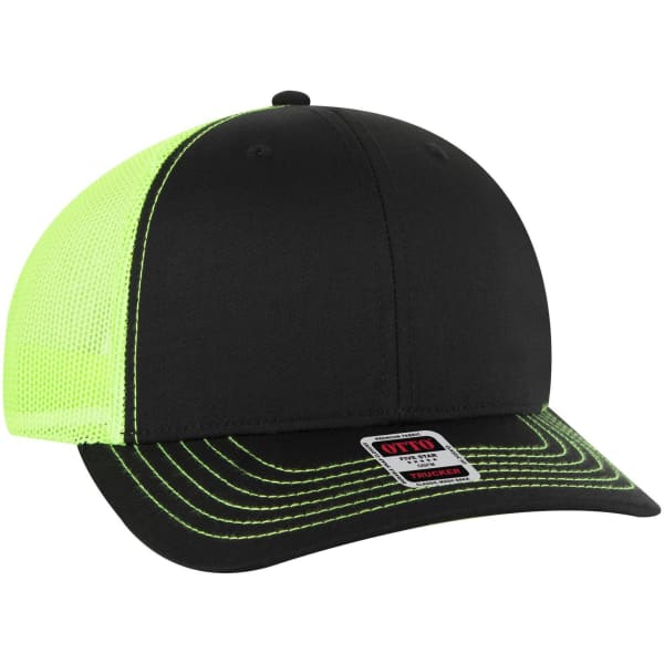 A black mid-profile trucker cap with a neon yellow mesh back and contrasting stitching, featuring a logo.